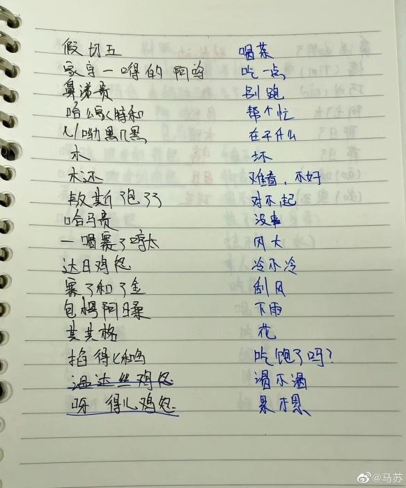马苏的蒙语音译小册子。图源马苏微博